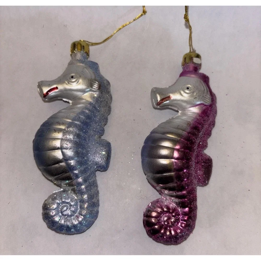 2 Seahorse Purple & Blue Plastic Christmas Tree Ornaments Vintage Blow Mold 4.5